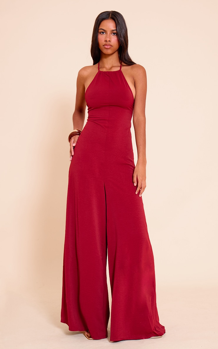 Petite Deep Red Floaty Woven Backless Extreme Wide Leg Jumpsuit image 3