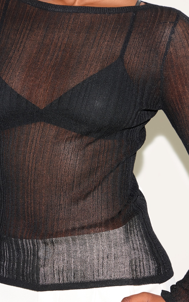 Black Sheer Knit Long Sleeve Boat Neck Top Black image 4