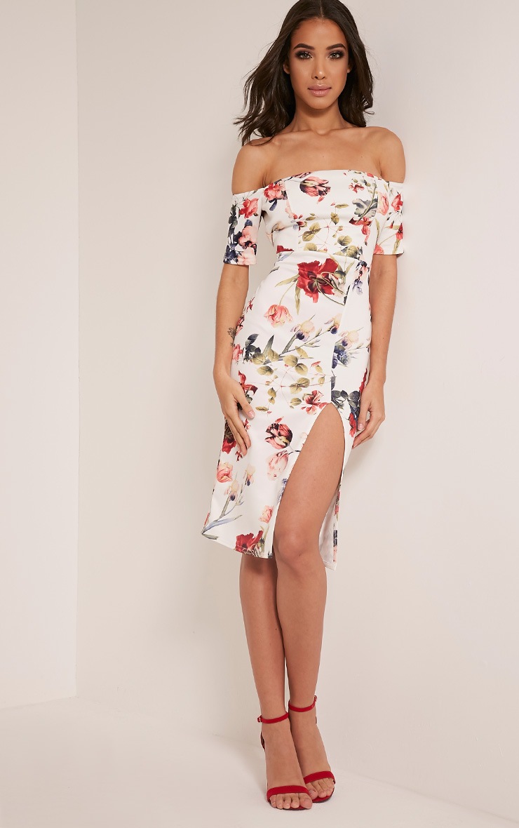 prettylittlething bardot floral midi dress