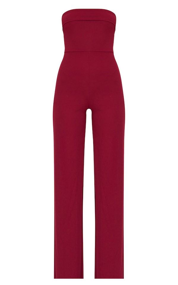 Burgundy Crepe Fold Over Detail Wide Leg Jumpsuit
