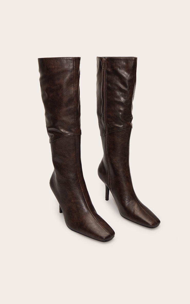 Chocolate PU Seam Detail Heeled Knee High Boot image 3