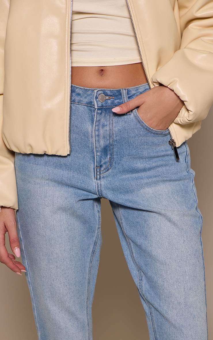 Mid Blue Cropped Raw Hem Straight Leg Jeans image 4
