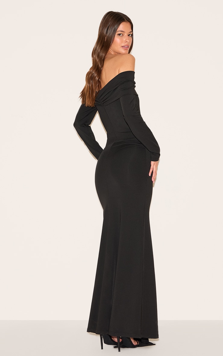 Black Bardot Long Sleeve Trim Drape Detail Maxi Dress image 2