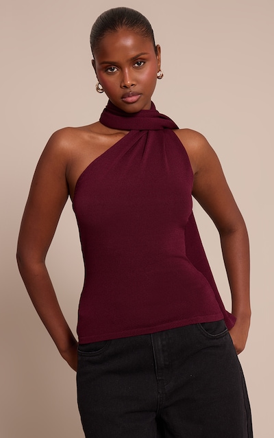 Dark Plum Scarf Neck Detail Sleeveless Knitted Top