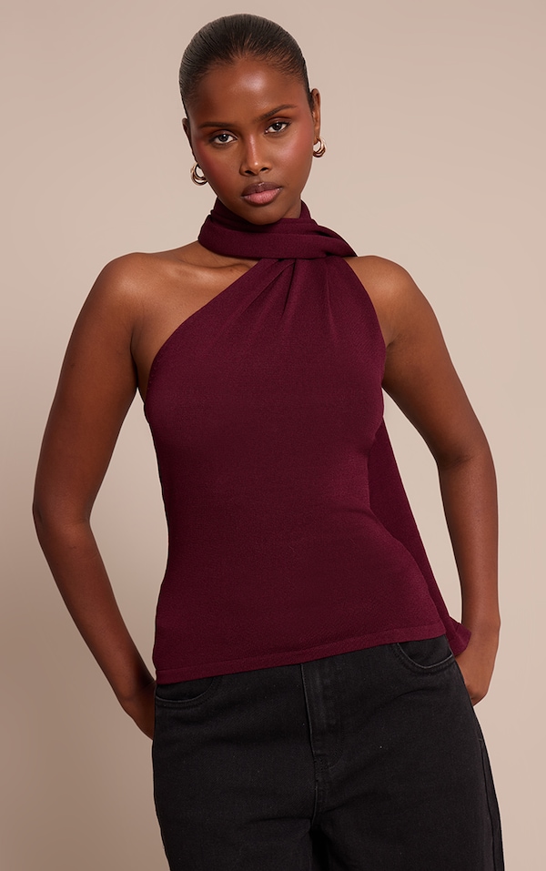 Dark Plum Scarf Neck Detail Sleeveless Knitted Top 