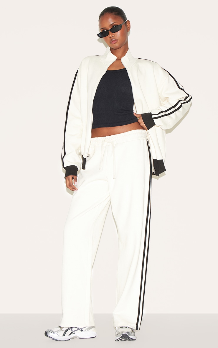 Cream Premium Side Stripe Contrast Zip Through Sweatshirt image 3