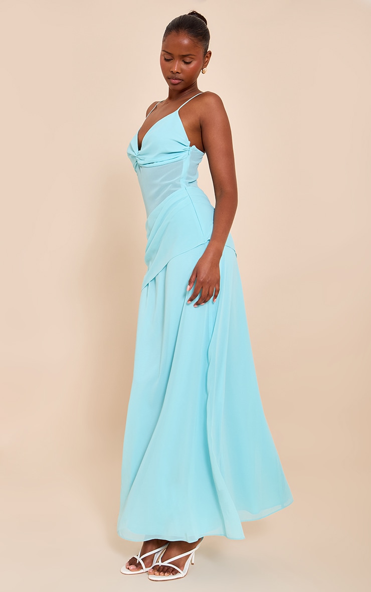 Pale Blue Chiffon Twist Mesh Maxi Dress image 3