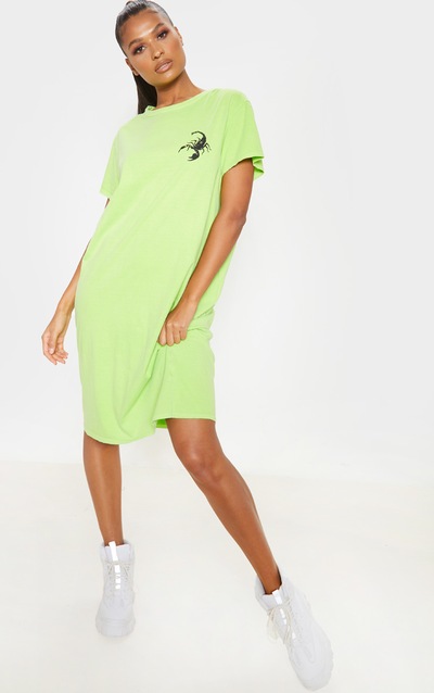 Lime Scorpion Slogan Short Sleeve Midi T Shirt Dress