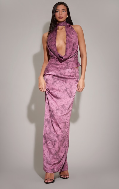 Jupe longue droite satinée imprimé violet