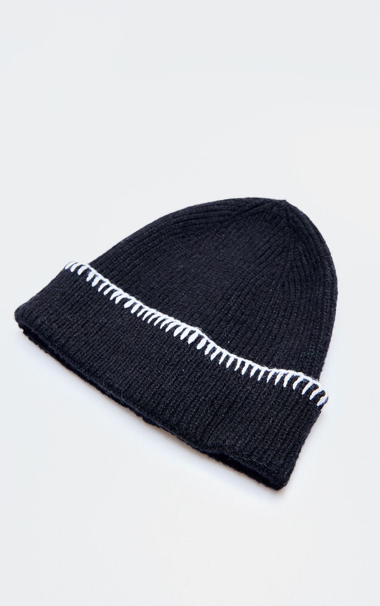 Black Stitch Detail Rib Beanie image 3