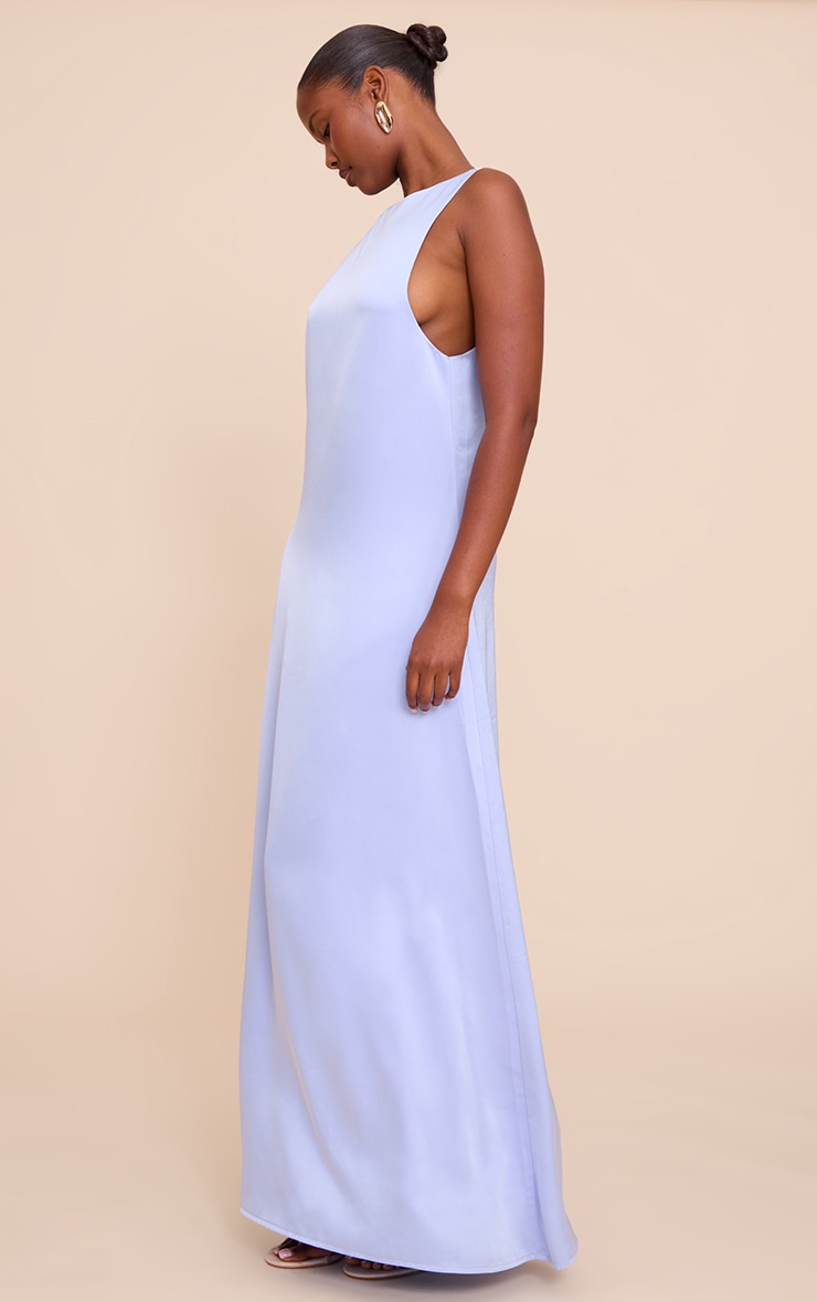 Blue Satin Boat Neck Sleeveless Maxi Dress image 3
