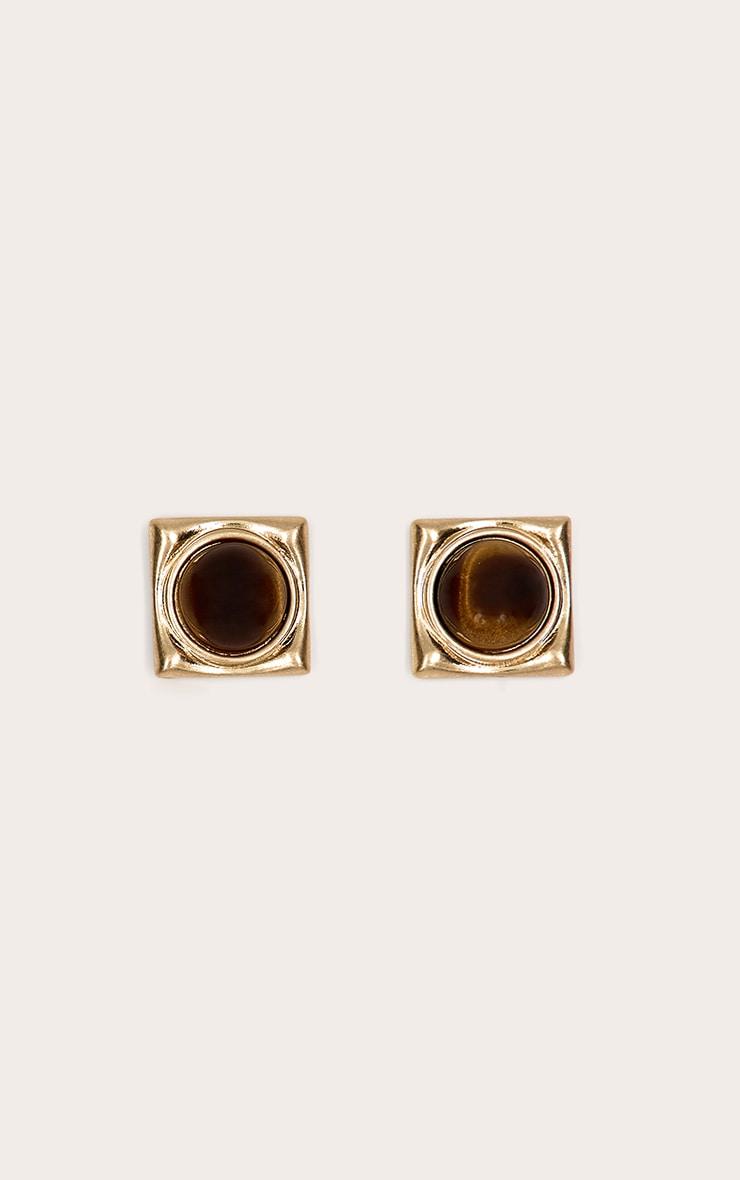 Gold Smooth Smokey Brown Resin Square Earrings image 2