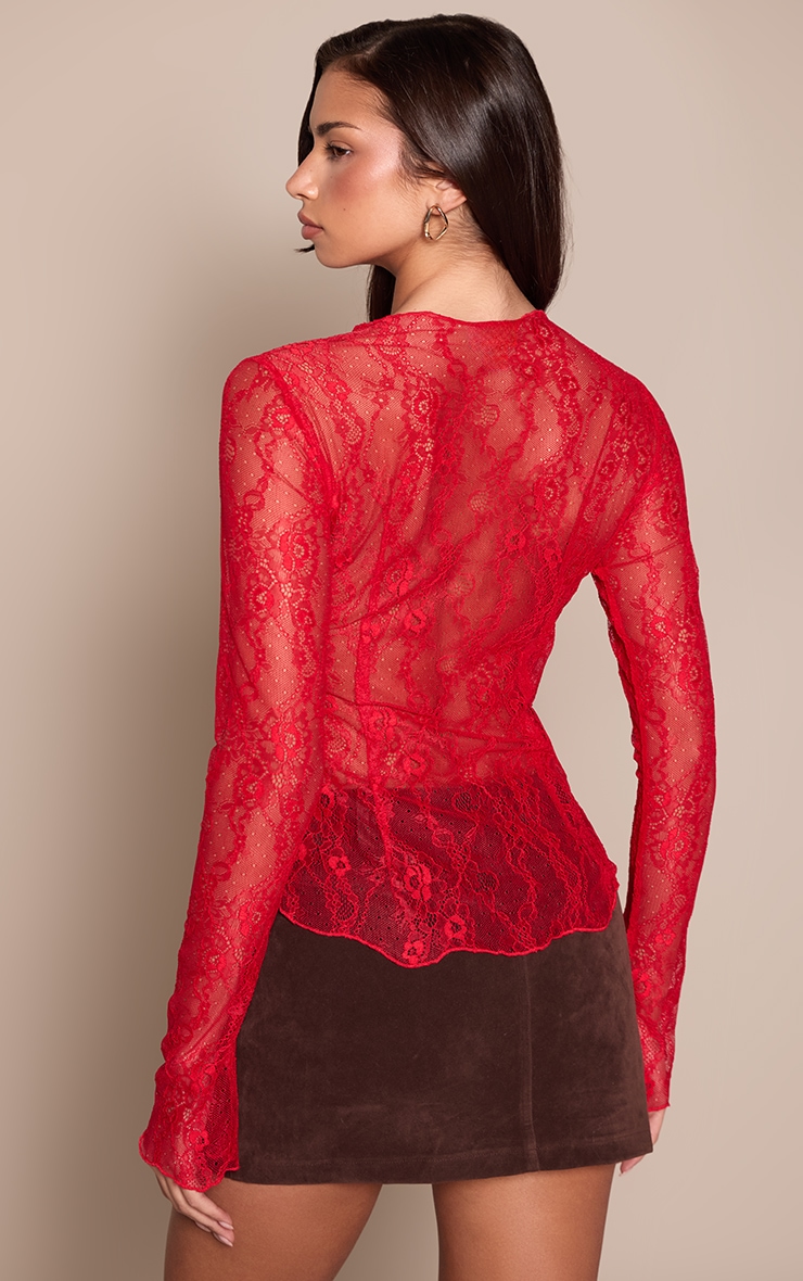 Red Long Sleeve Delicate Lace Top image 2