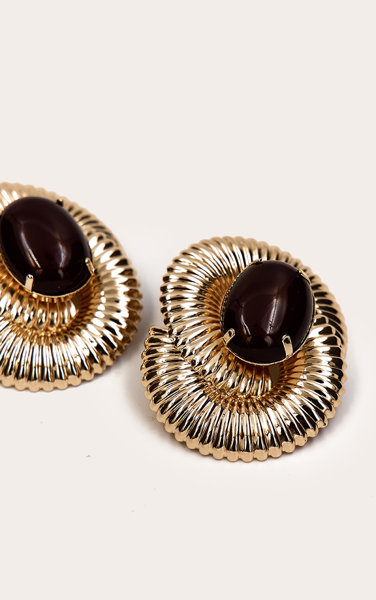 Gold Ribbed Oversized Gem Statement Stud Earrings image 3