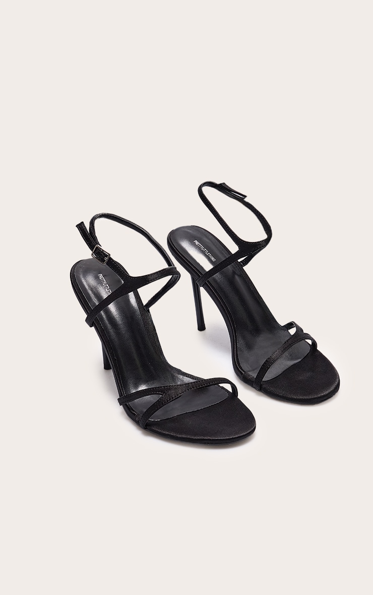 Black Satin Round Toe Asymmetric Strap High Stiletto Heeled Sandals image 2