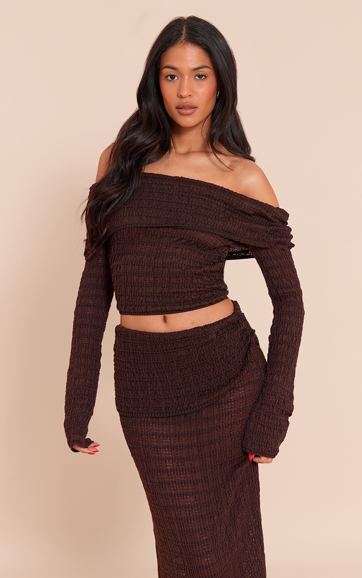 Tall Jupe en maille tricot texturée chocolat à détail replié image 4