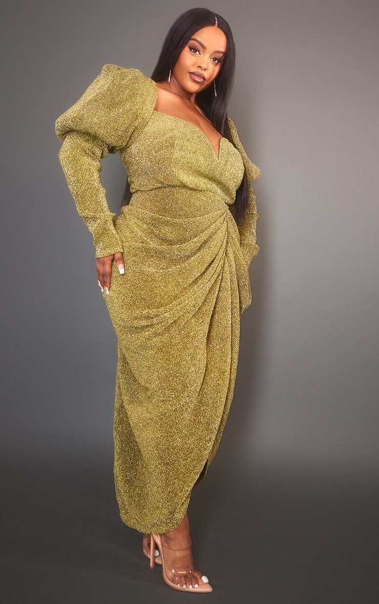 Plus Gold Glitter Plisse Puff Sleeve V Bar Draped Midi Dress image 3