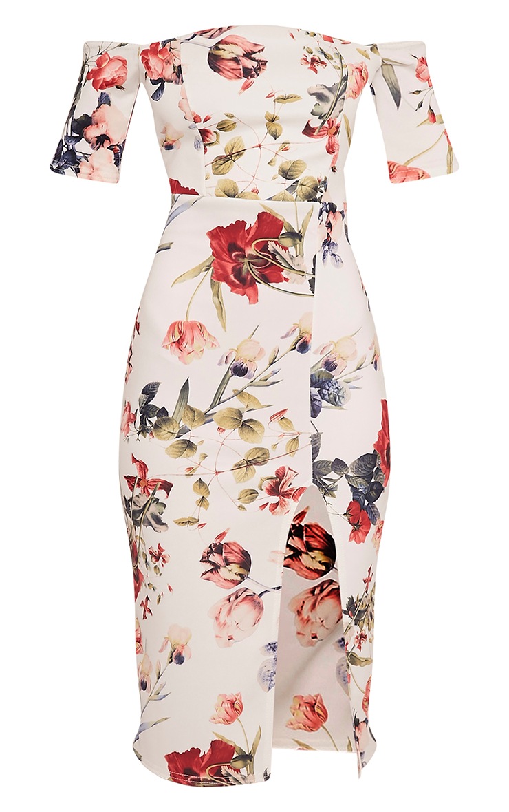 prettylittlething bardot floral midi dress