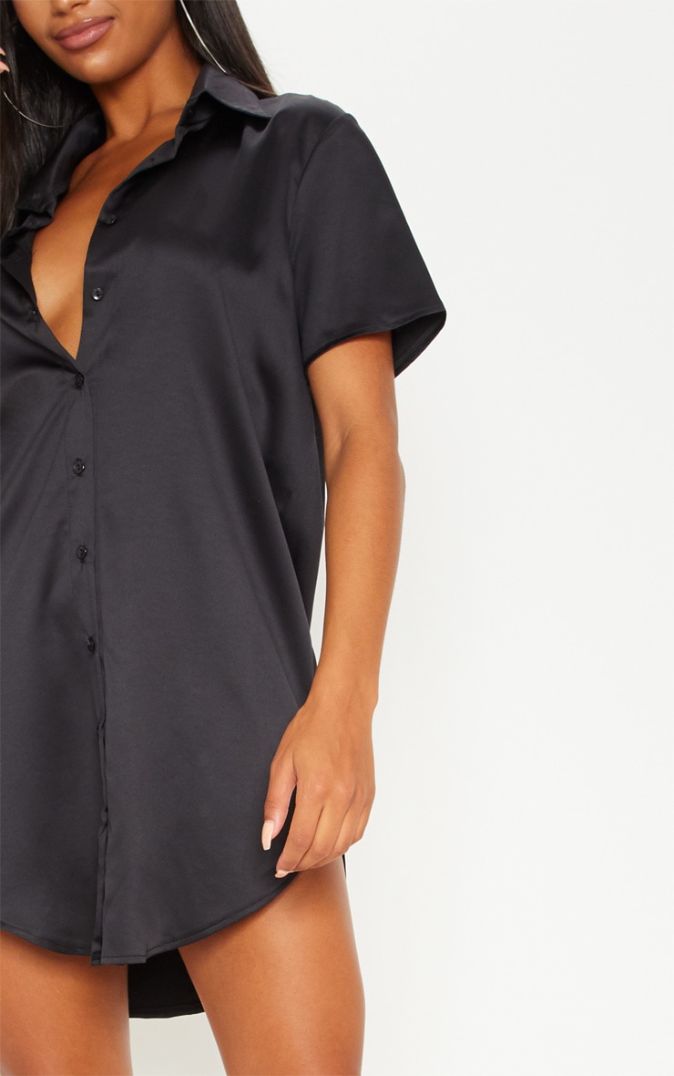 Black Satin Short Sleeve Shirt Dress image 5