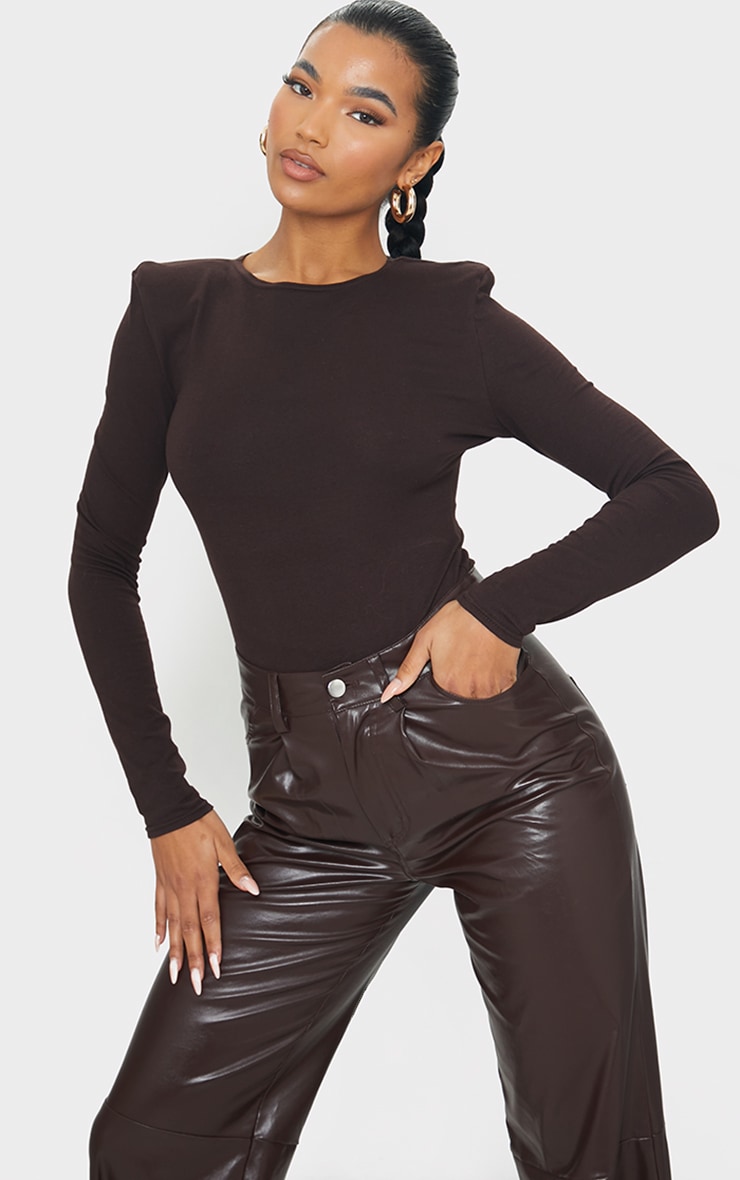 Chocolate Cotton Mix Shoulder Pad Bodysuit