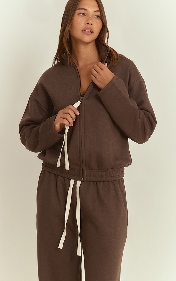 Chocolate Contrast Drawcord Funnel Neck Sweatshirt