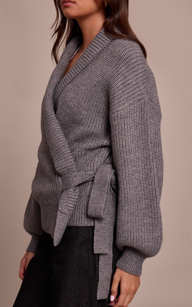 Grey Chunky Knit Rib Wrap Cardigan image 4