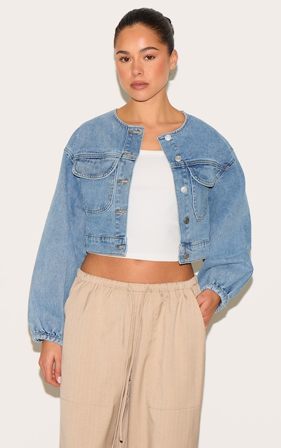 Mid Blue Wash Round Neck Crop Denim Jacket