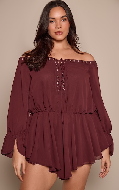 Plus Chiffon Long Sleeve Bardot Floaty Playsuit