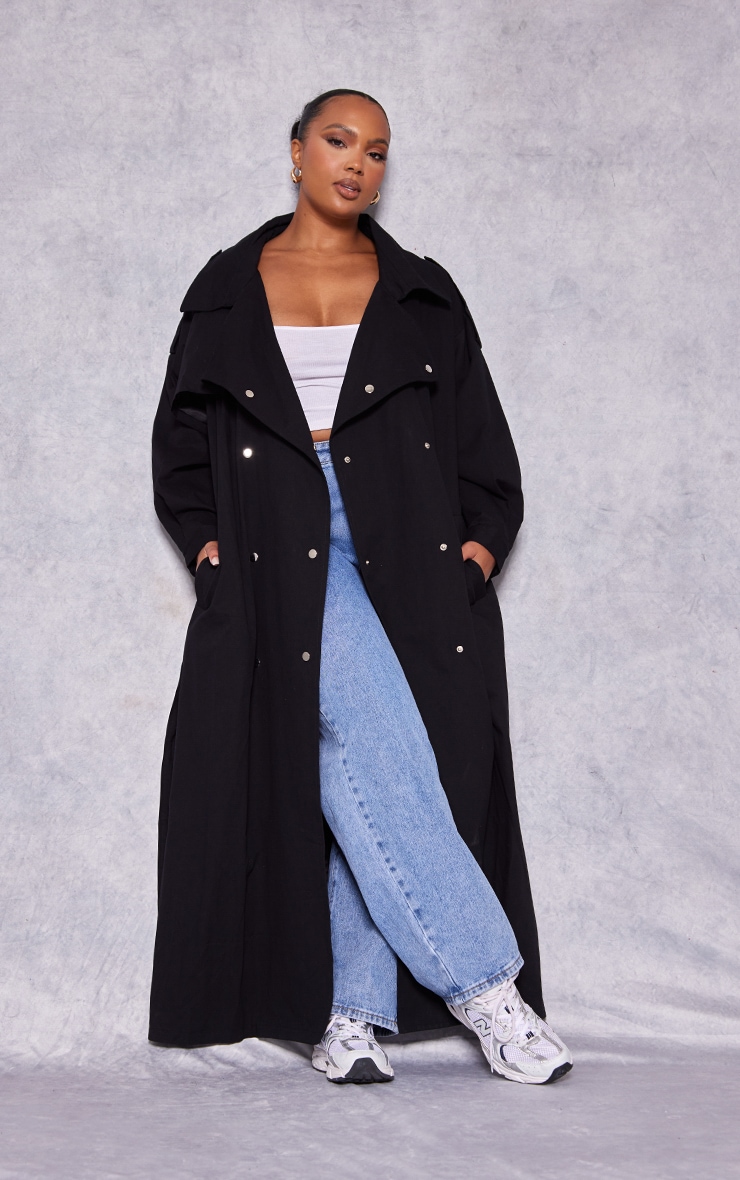 Plus Black Popper Detail Trench Coat image 3