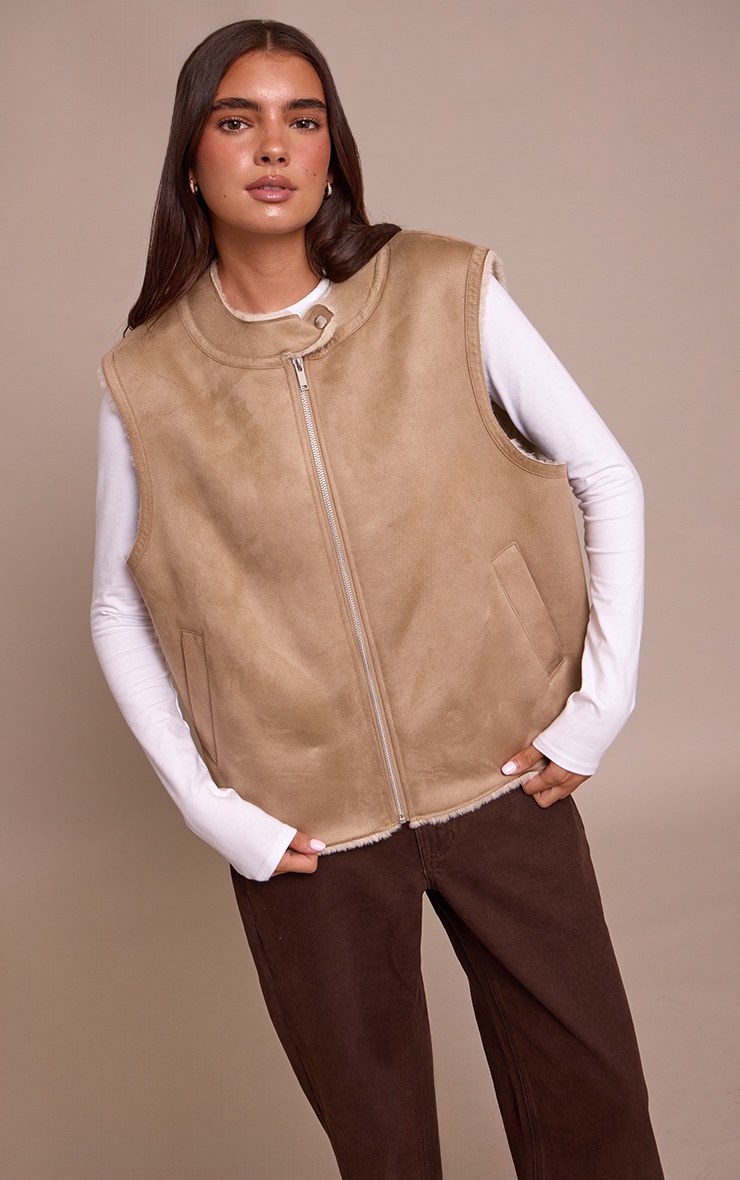 Beige Borg Lining Faux Suede Vest image 1
