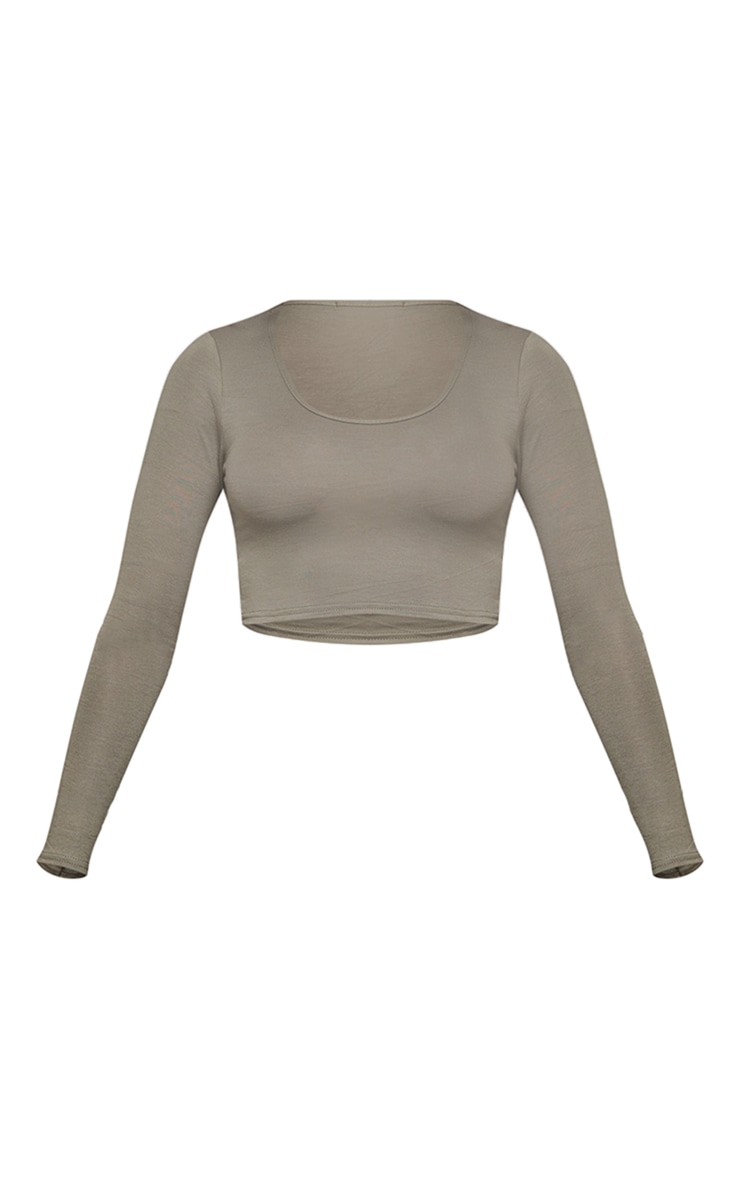 Crop top kaki à col en V et manches longues image 5
