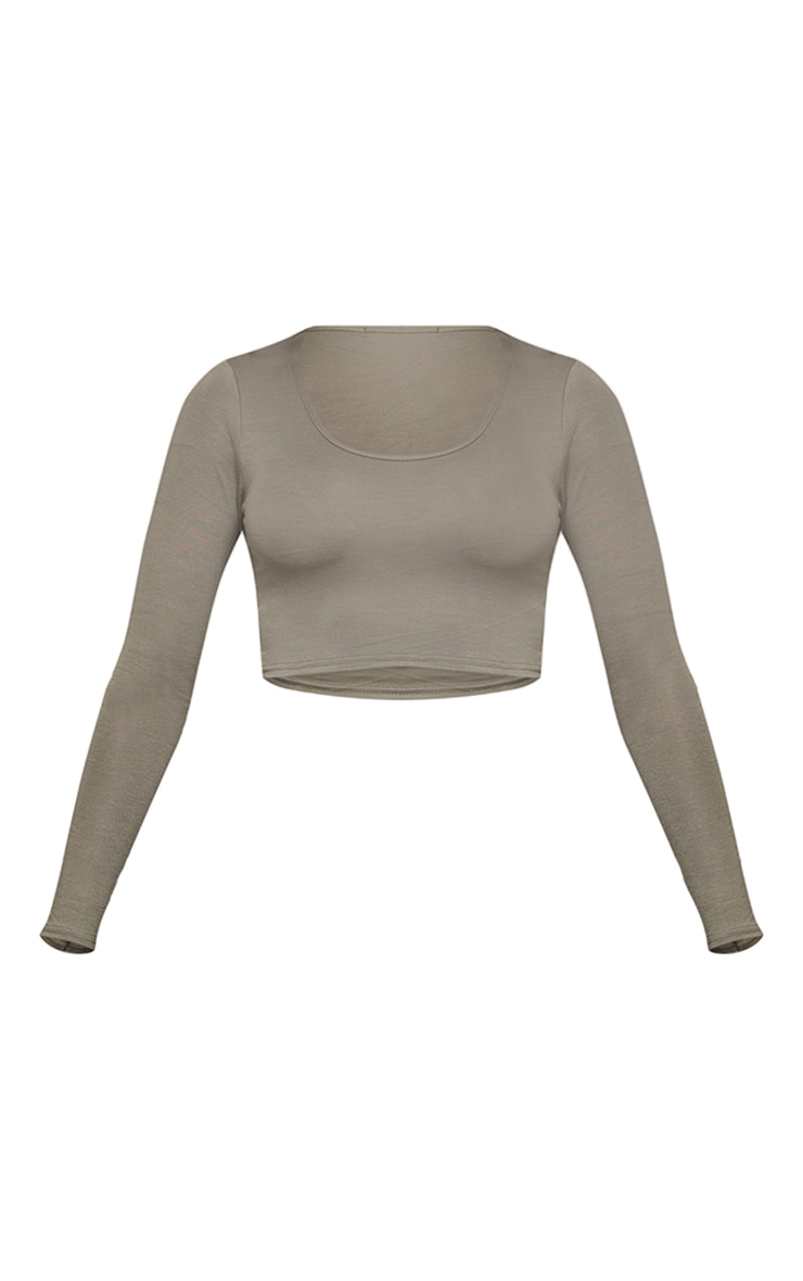 Khaki Long Sleeve V Neck Crop Top image 5