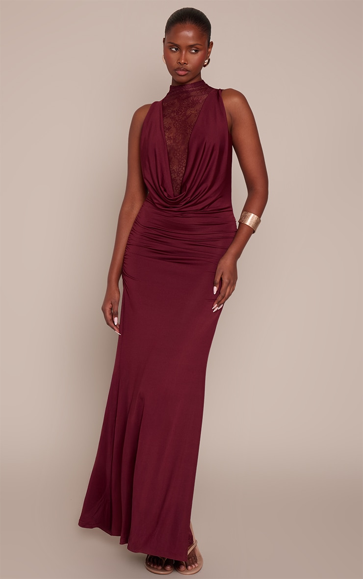 Burgundy Soft Lace Panel Cowl Neck Maxi Dress