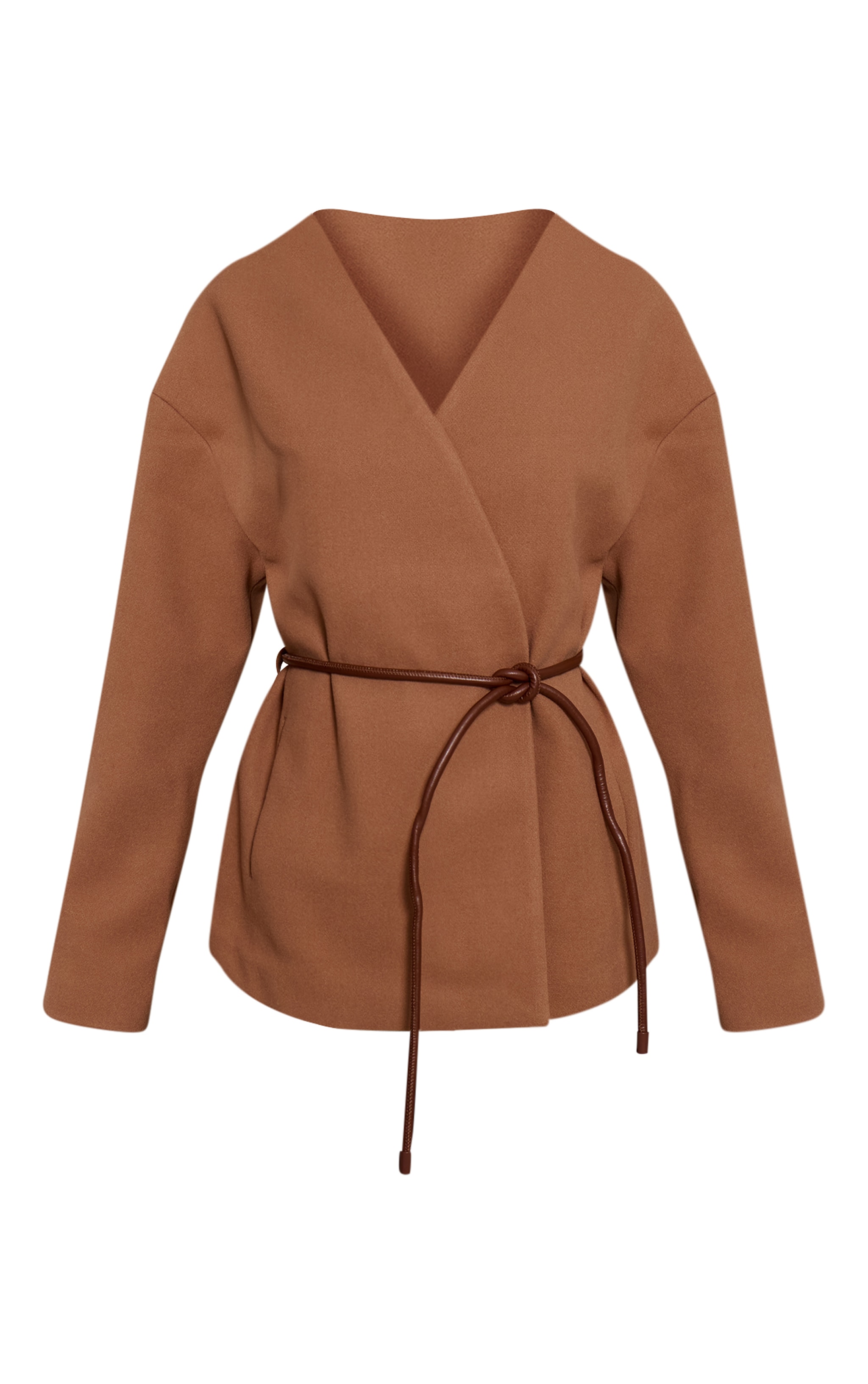 Camel Collarless Wrap Style Tie Waist Wool Look Coat image 5