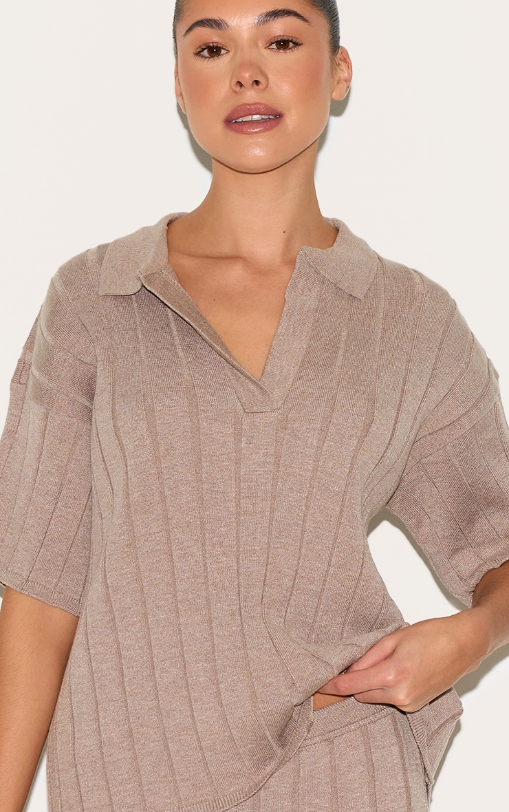 Mocha Rib Knit Oversized Polo Top image 4