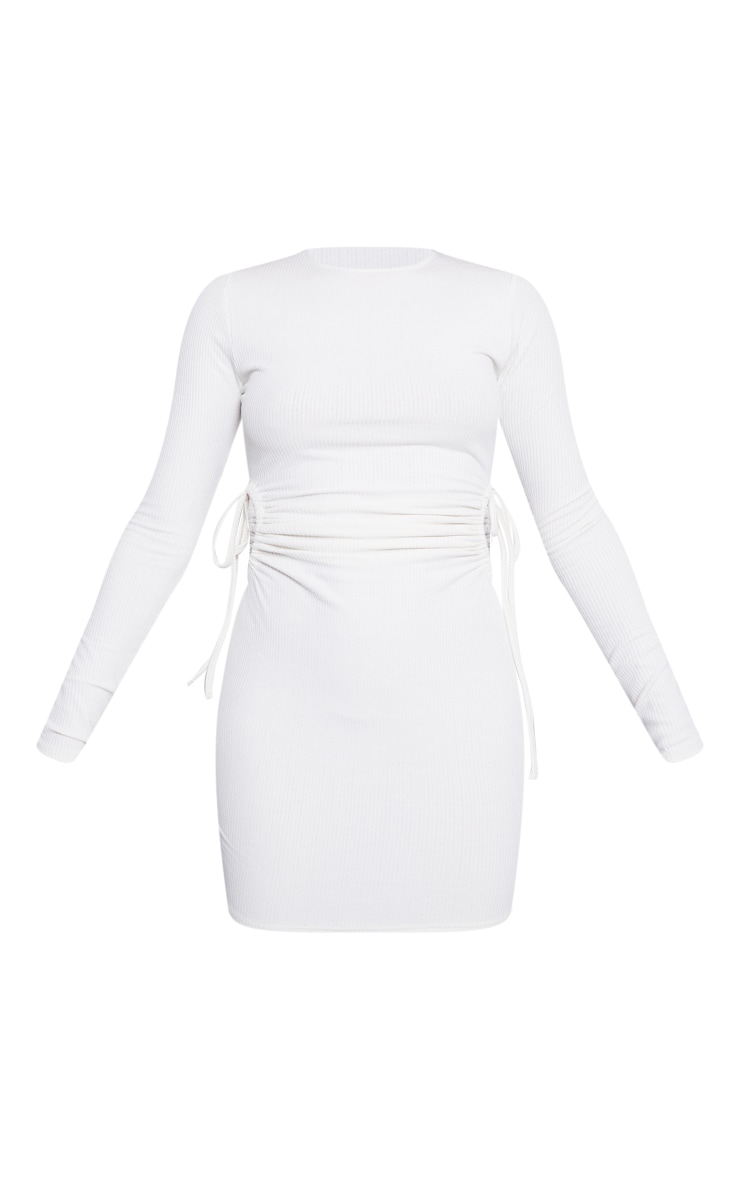 Cream Rib Cut Out Ruched Side Bodycon Dress image 5