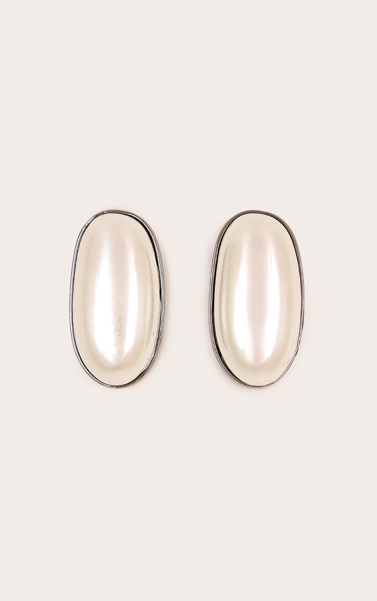 Silver Pearl Oval Stud Earrings image 2