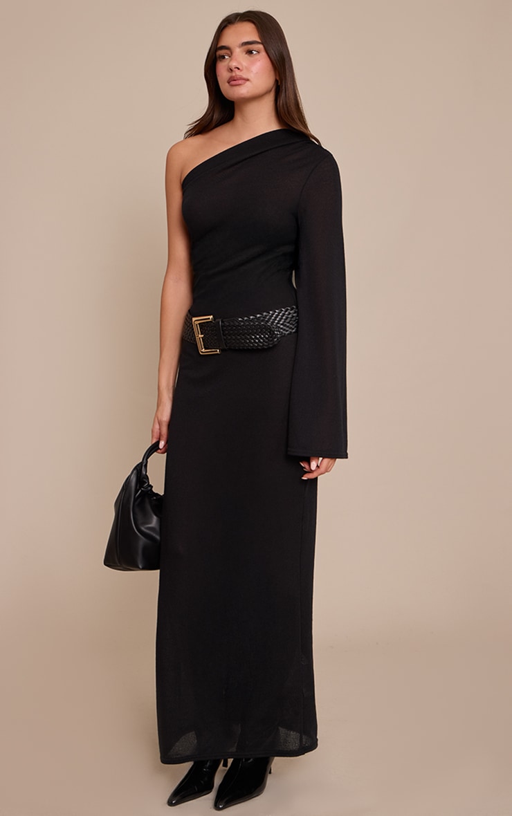 Black Textured Jersey Asymmetric Maxi Dress