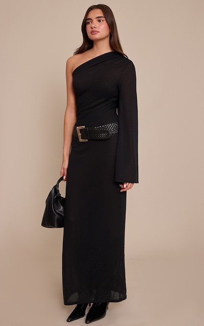 Black Textured Jersey Asymmetric Maxi Dress