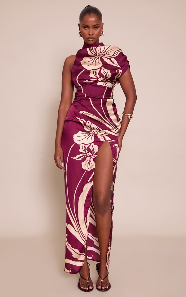 Jupe longue satinée imprimé rouge vin à fente