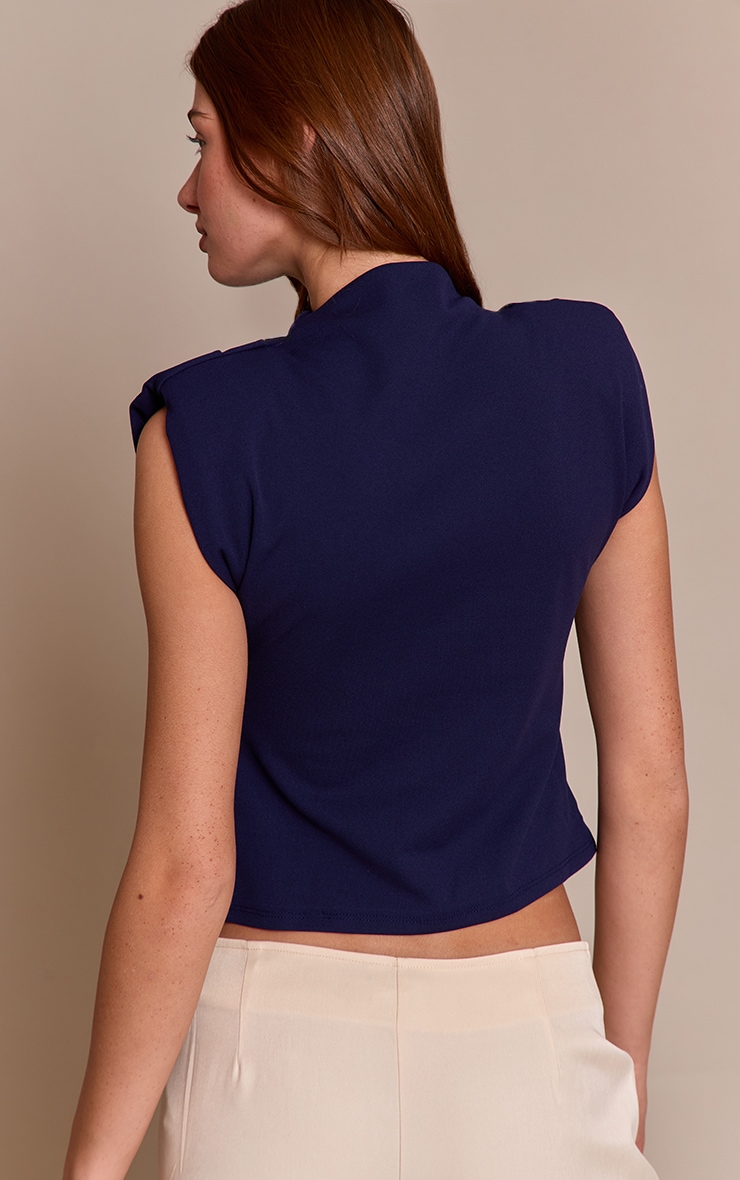 Navy Shoulder Pad Pleated Boat Neck Top image 2
