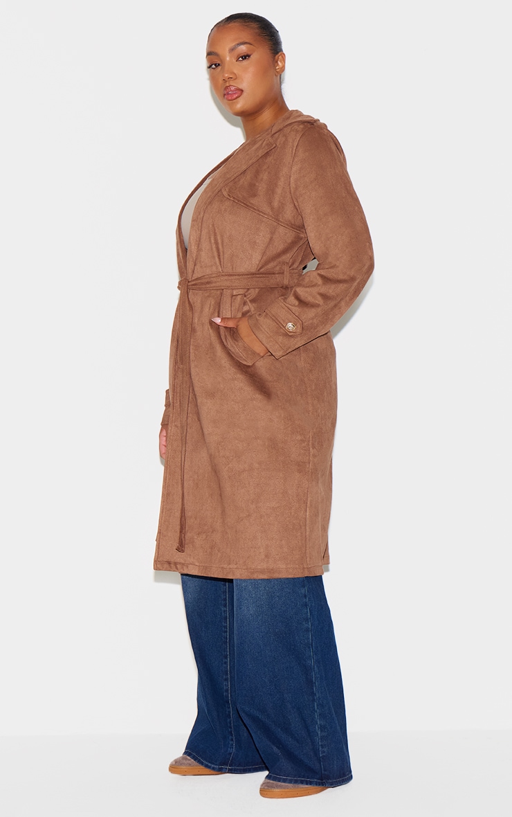 Plus Chocolate Faux Suede Trench Detailed Coat image 3