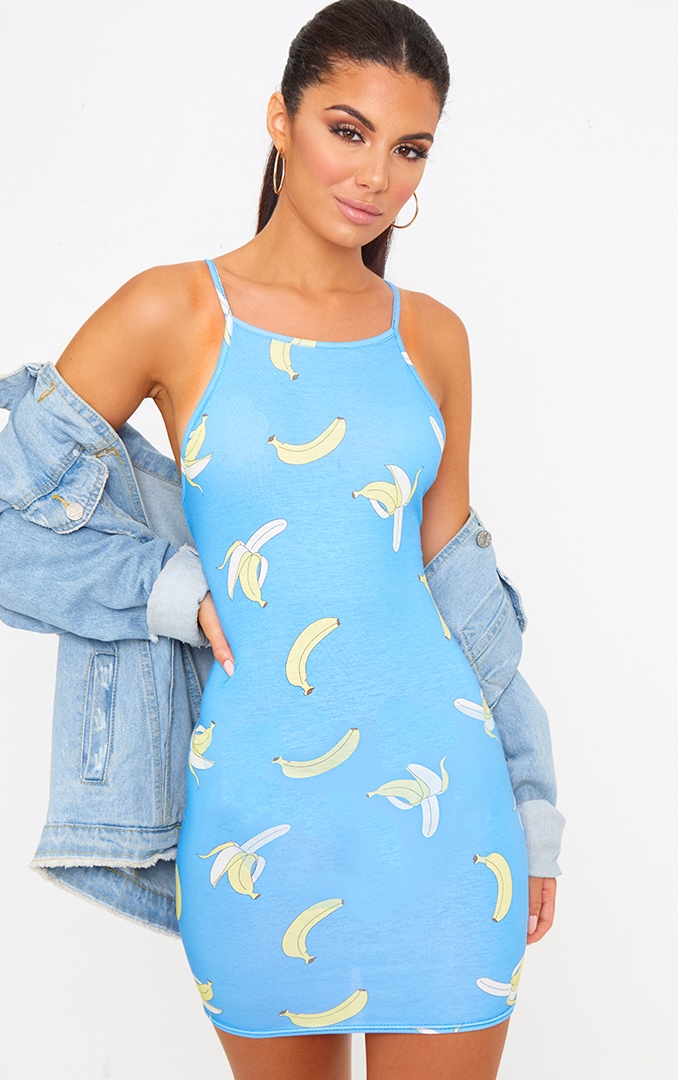 Blue Banana Print Bodycon Dress PrettyLittleThing