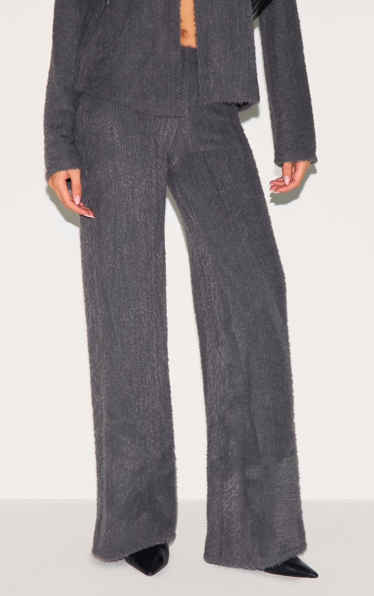 Charcoal Textured Wide Leg Low Rise Pants image 2