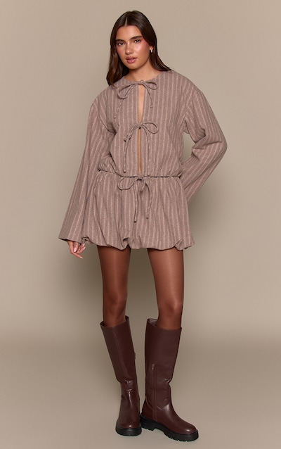 Beige Brushed Pinstripe Puffball Skirt