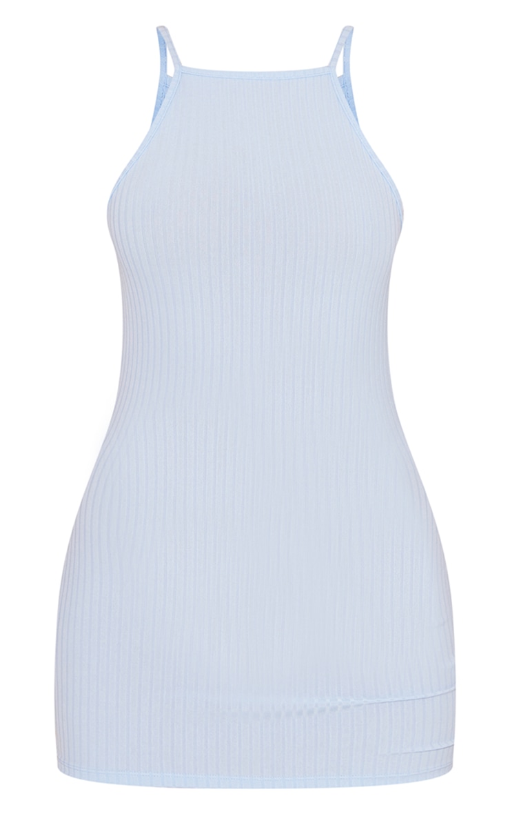 Blue Ribbed High Neck Racer Strappy Bodycon Dress Dresses PLT KSA
