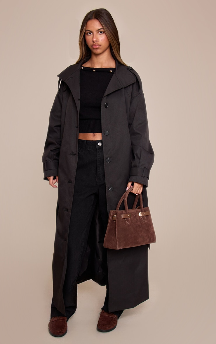 Petite Black Funnel Neck Trench Coat  image 3