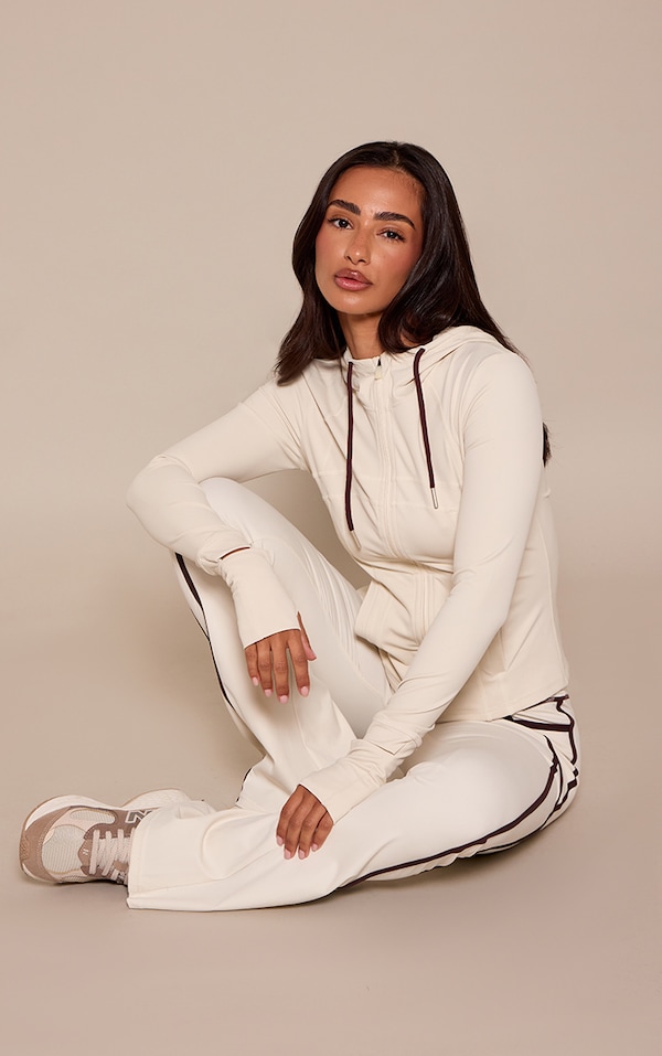 Petite PLT Oatmeal Contrast Sculpt Seam Detail Drawstring Gym Jacket