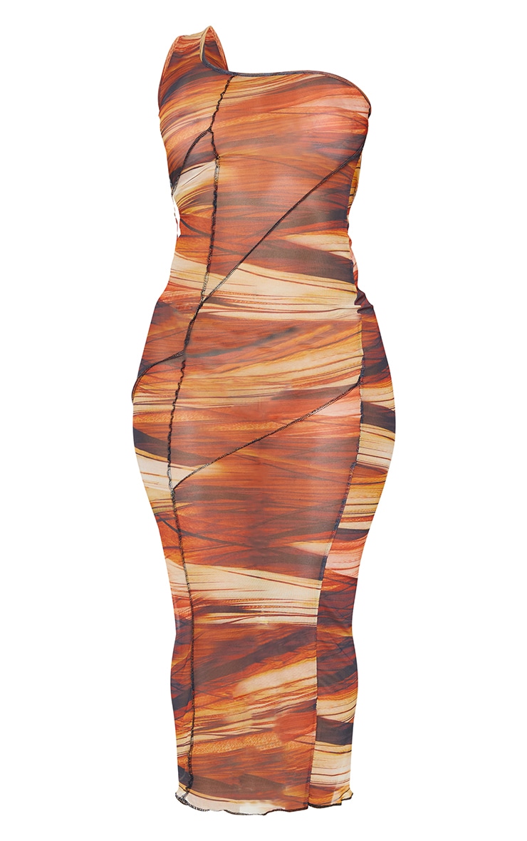 Shape Brown Layer Print Sheer Mesh Overlock One Shoulder Midi Dress image 5