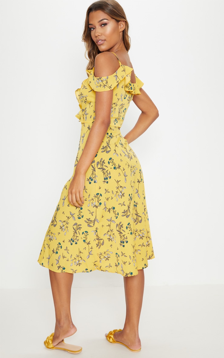 Yellow Floral Cold Shoulder Frill Detail Midi Dress | PrettyLittleThing USA
